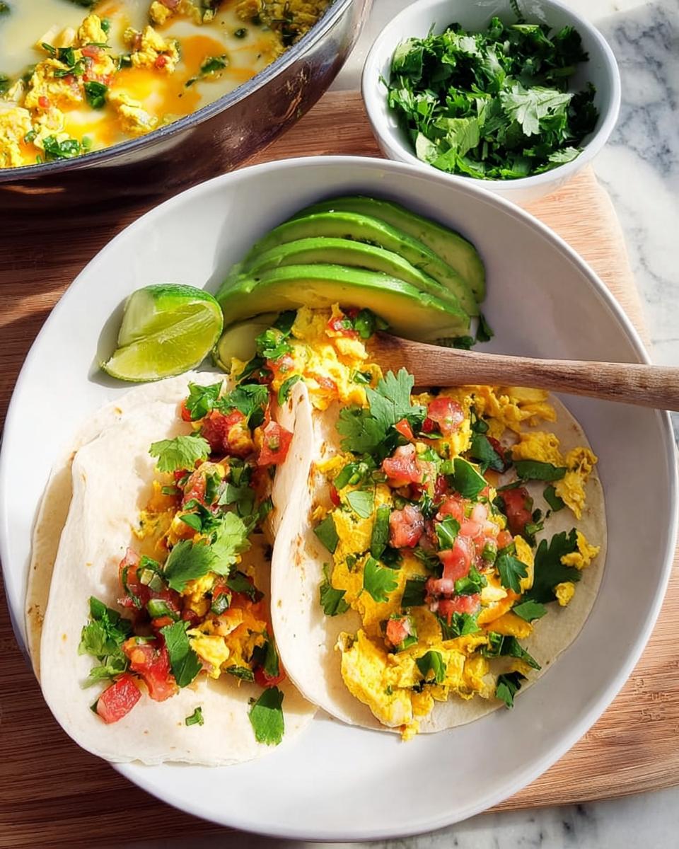 Two scrambled egg breakfast tacos topped with pico de gallo and cilantro, served with avocado slices and lime.