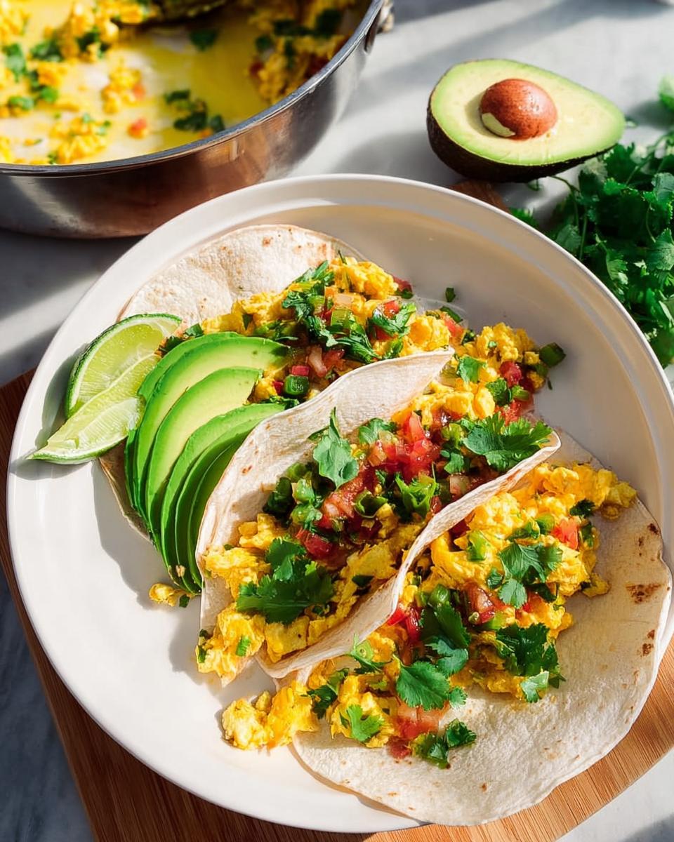 Scrambled egg breakfast tacos topped with salsa, cilantro, and served with avocado and lime wedges. Part of Ultimate Breakfast Ideas.