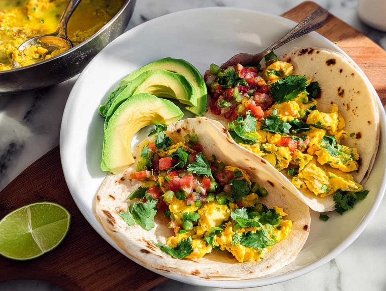 Two scrambled egg breakfast tacos filled with pico de gallo and cilantro, served with sliced avocado and lime. Part of Ultimate Breakfast Ideas.