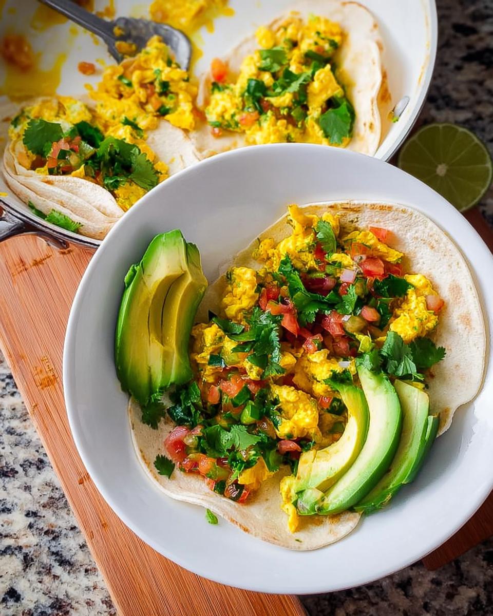 Scrambled egg breakfast tacos topped with pico de gallo and cilantro, served with avocado slices. Part of Ultimate Breakfast Ideas Guide.