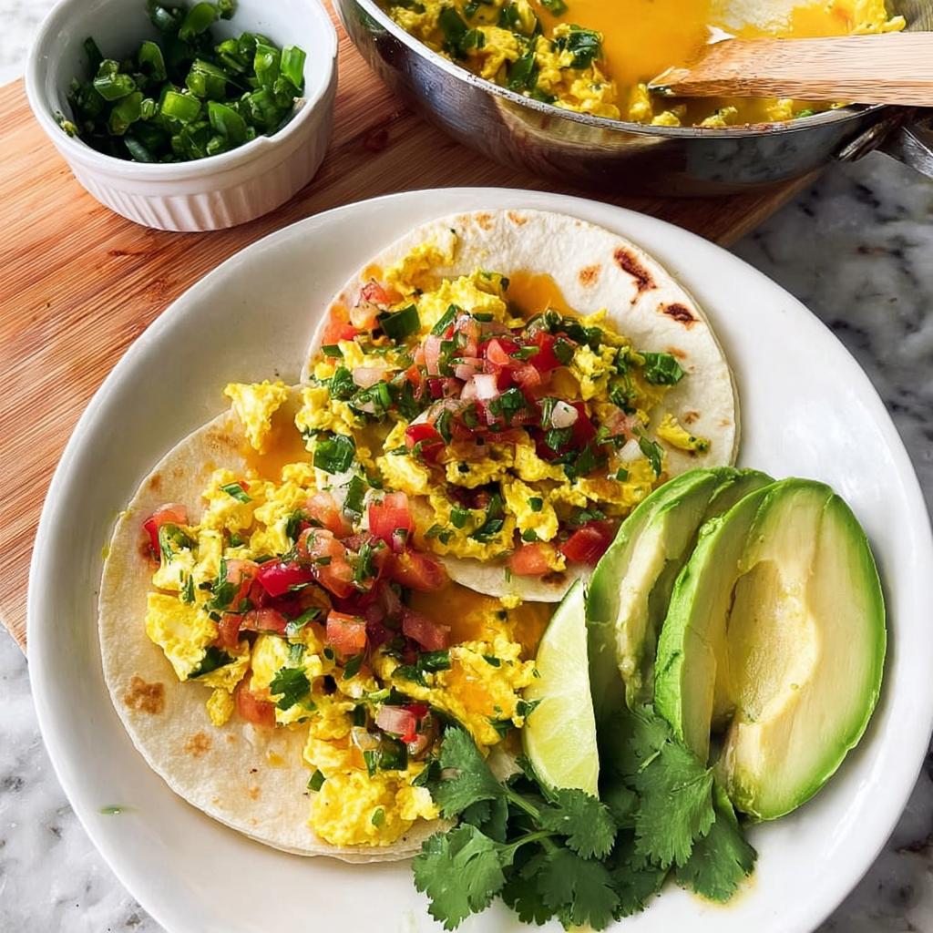 Two scrambled egg breakfast tacos topped with pico de gallo, served with sliced avocado, lime, and cilantro. Part of Ultimate Breakfast Ideas.