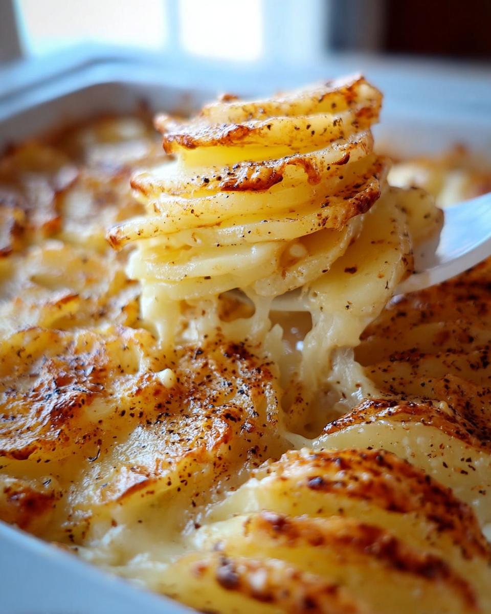Close-up of a fork lifting a stack of layered potatoes from Cheesy Scalloped Potatoes, showing melted cheese.