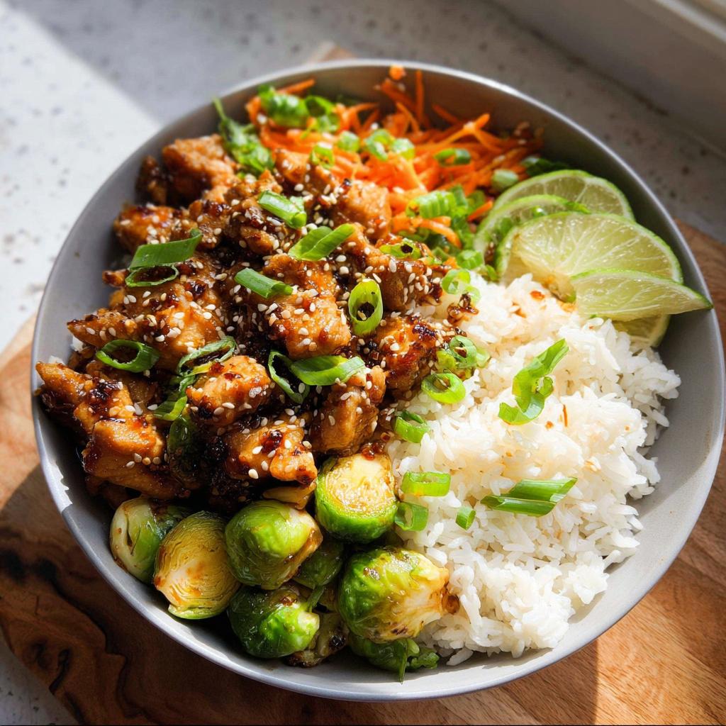 Close-up of a healthy dinner bowl featuring sesame chicken, white rice, roasted Brussels sprouts, and shredded carrots.