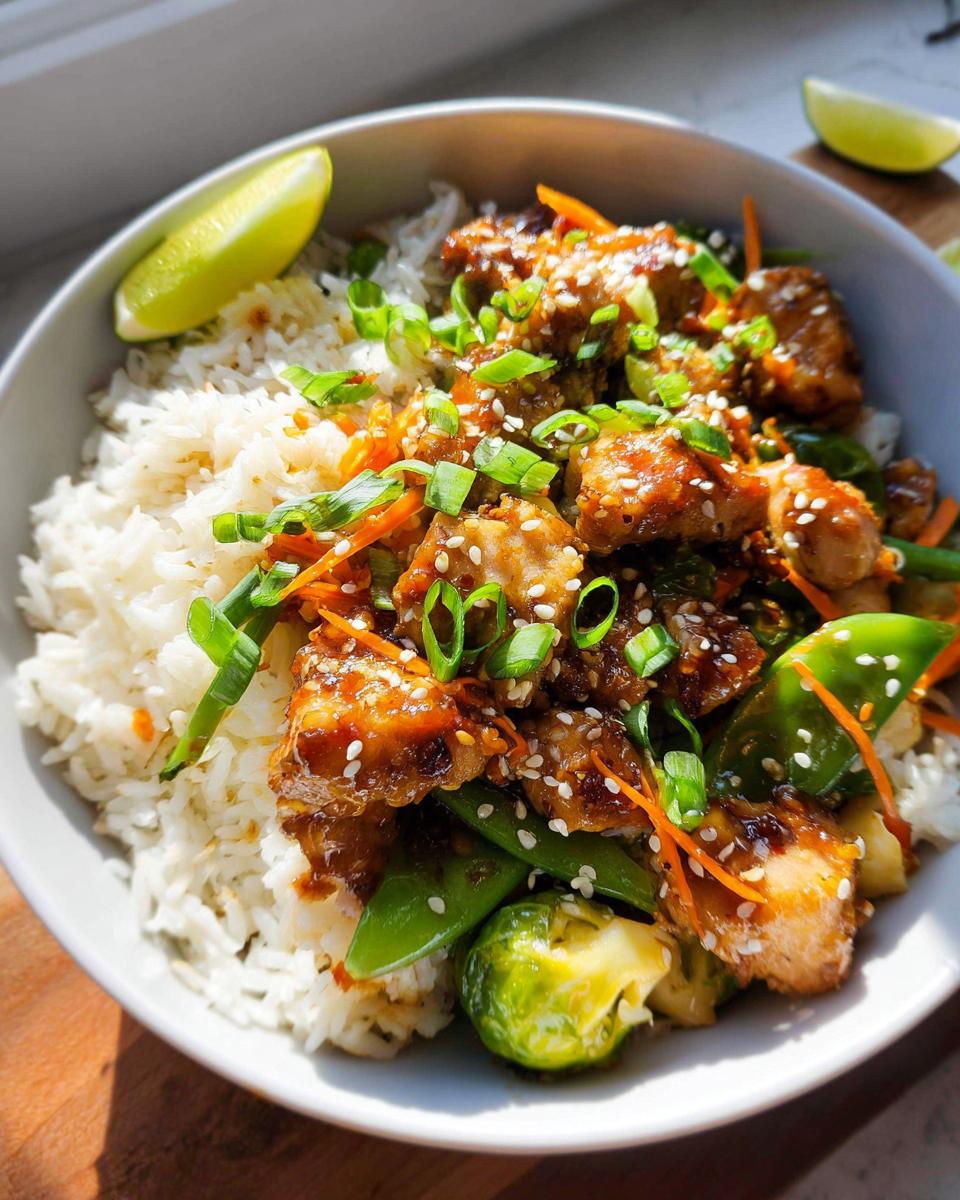 Close-up of a healthy dinner bowl featuring sesame chicken stir fry over white rice with vegetables and a lime wedge.