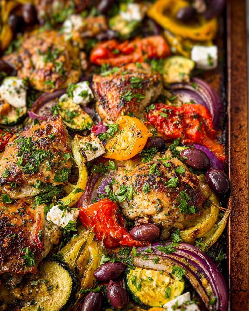 Close-up of Sheet Pan Chicken & Veggies featuring browned chicken thighs, roasted zucchini, red onion, peppers, olives, and feta.