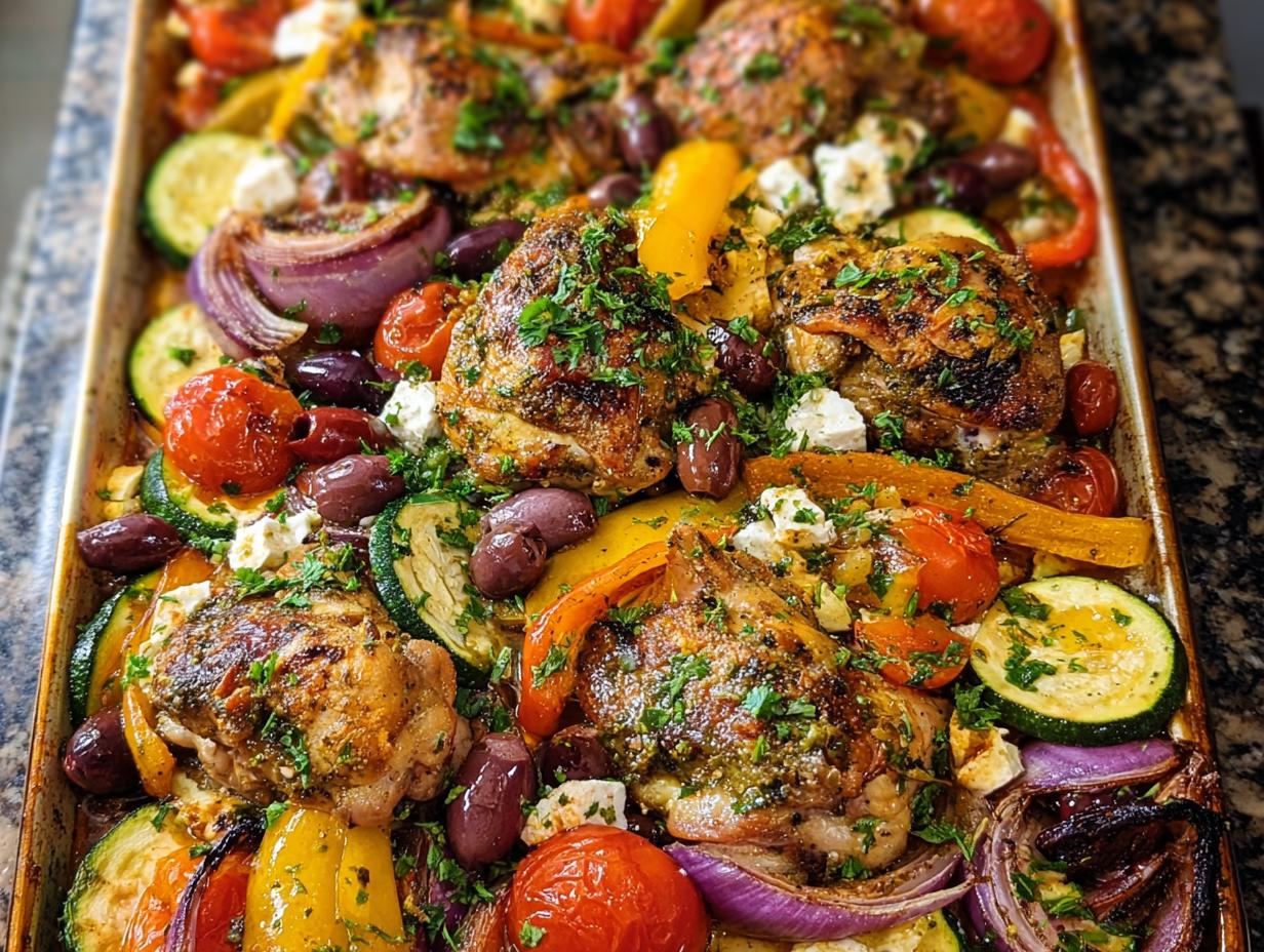 Close-up of Sheet Pan Chicken & Veggies featuring roasted chicken thighs, zucchini, tomatoes, onions, olives, and feta.