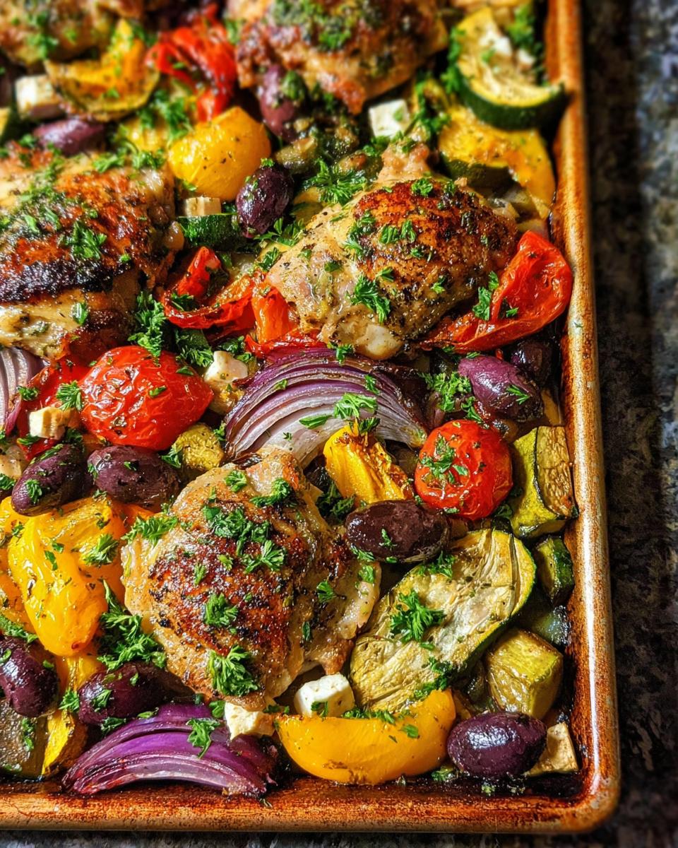 Close-up of juicy Sheet Pan Chicken & Veggies featuring crispy chicken thighs, roasted tomatoes, zucchini, red onion, and olives.