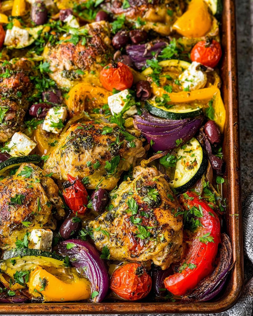 Close-up of Sheet Pan Chicken & Veggies featuring roasted chicken thighs, zucchini, red onion, peppers, tomatoes, olives, and feta.