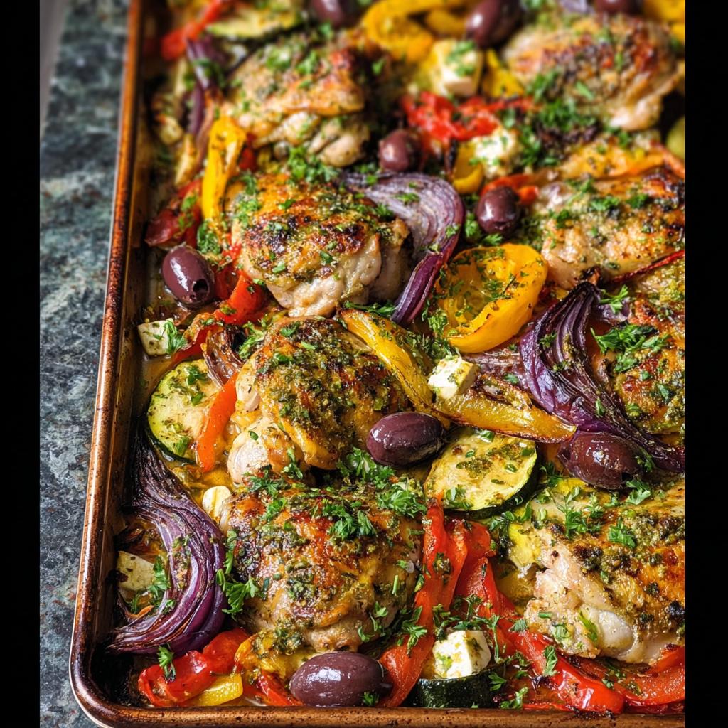 Close-up of Sheet Pan Chicken & Veggies with roasted peppers, zucchini, red onion, and olives.