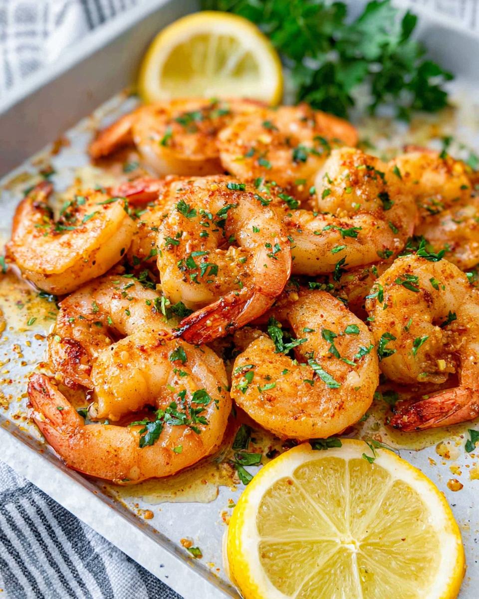 Close-up of perfectly cooked Garlic Butter Shrimp seasoned with herbs on a sheet pan, garnished with lemon slices.