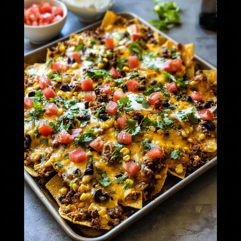 A full sheet pan of delicious Sheet Pan Nachos covered in melted cheese, seasoned beef, corn, beans, tomatoes, and cilantro.