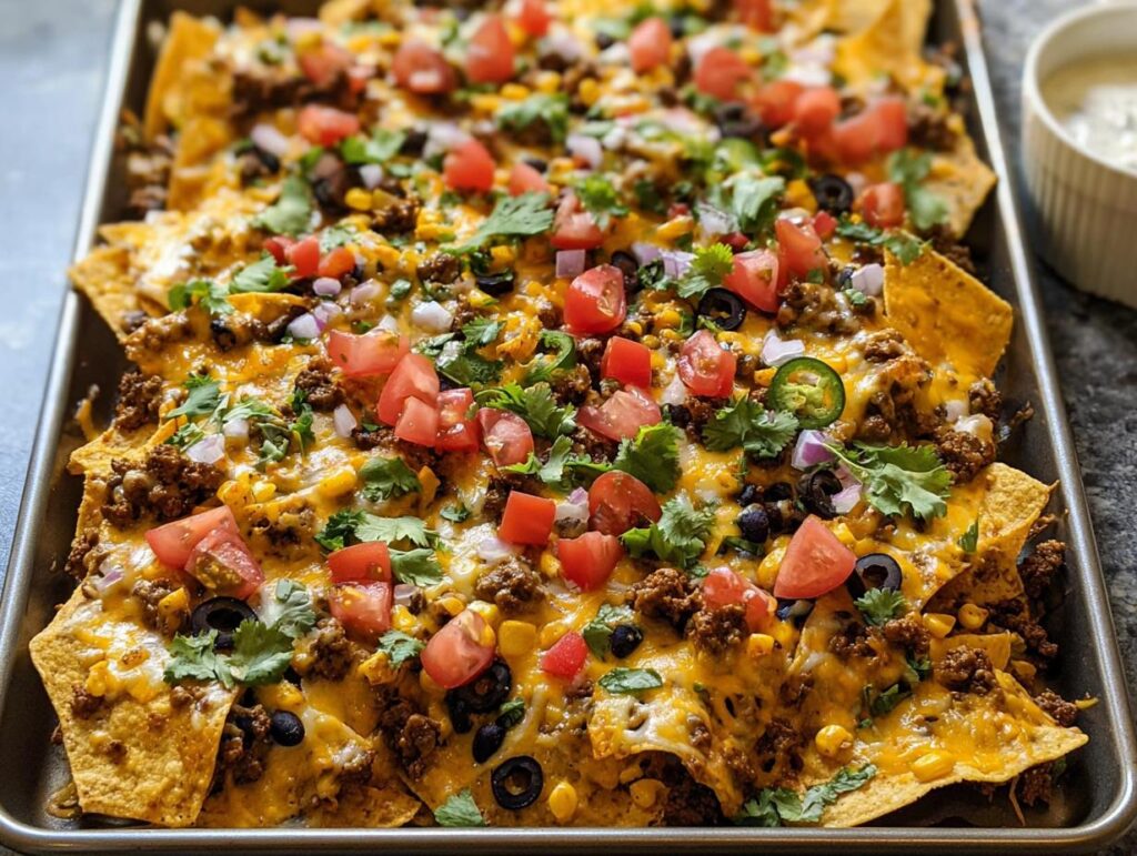 A full sheet pan of loaded Sheet Pan Nachos covered in melted cheese, ground beef, tomatoes, and cilantro.