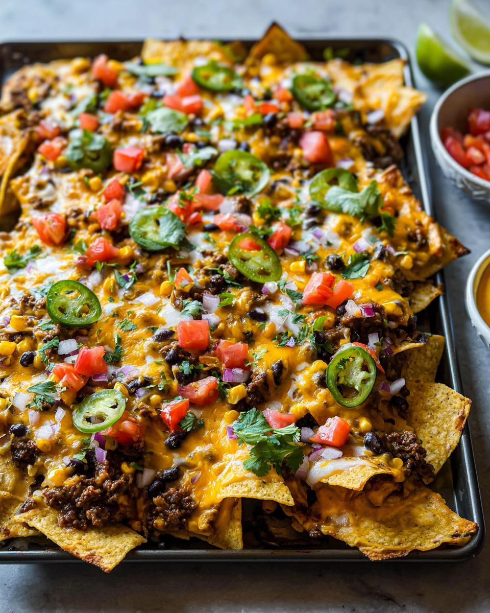 A full sheet pan loaded with cheesy Sheet Pan Nachos topped with ground meat, black beans, corn, tomatoes, onions, and jalapeños.