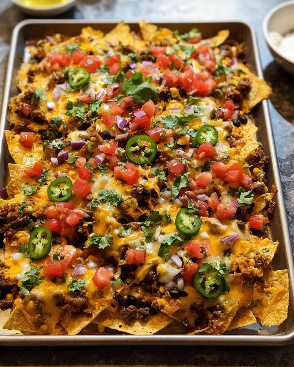 A full sheet pan of fully loaded Sheet Pan Nachos topped with melted cheese, ground beef, tomatoes, onions, and jalapeños.