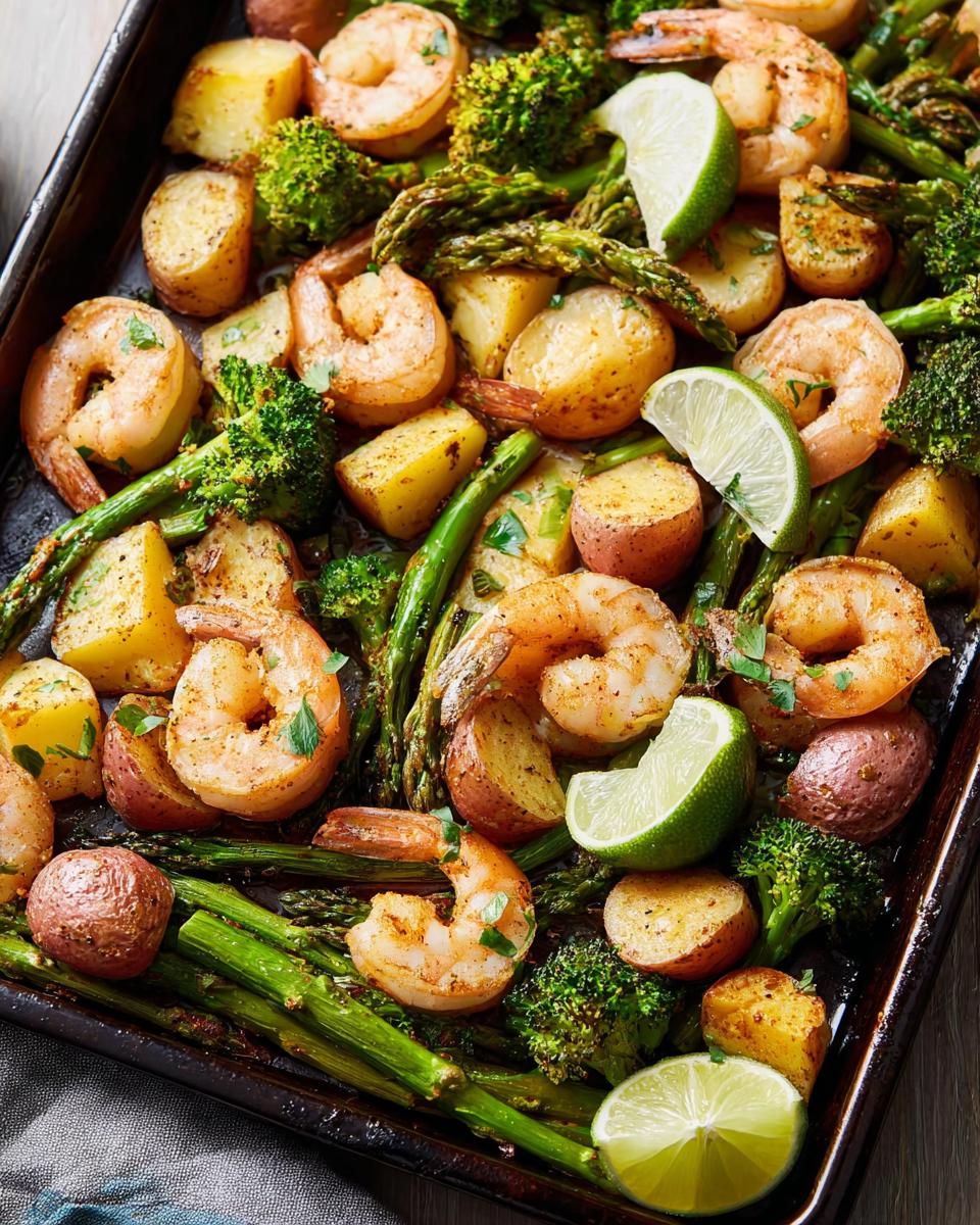 A close-up of a sheet pan filled with roasted shrimp, potatoes, broccoli, and asparagus, garnished with lime wedges.