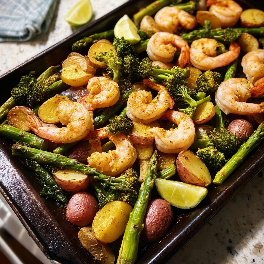 Crispy outside, juicy inside sheet pan shrimp with roasted broccoli, asparagus, and potatoes, garnished with lime wedges.