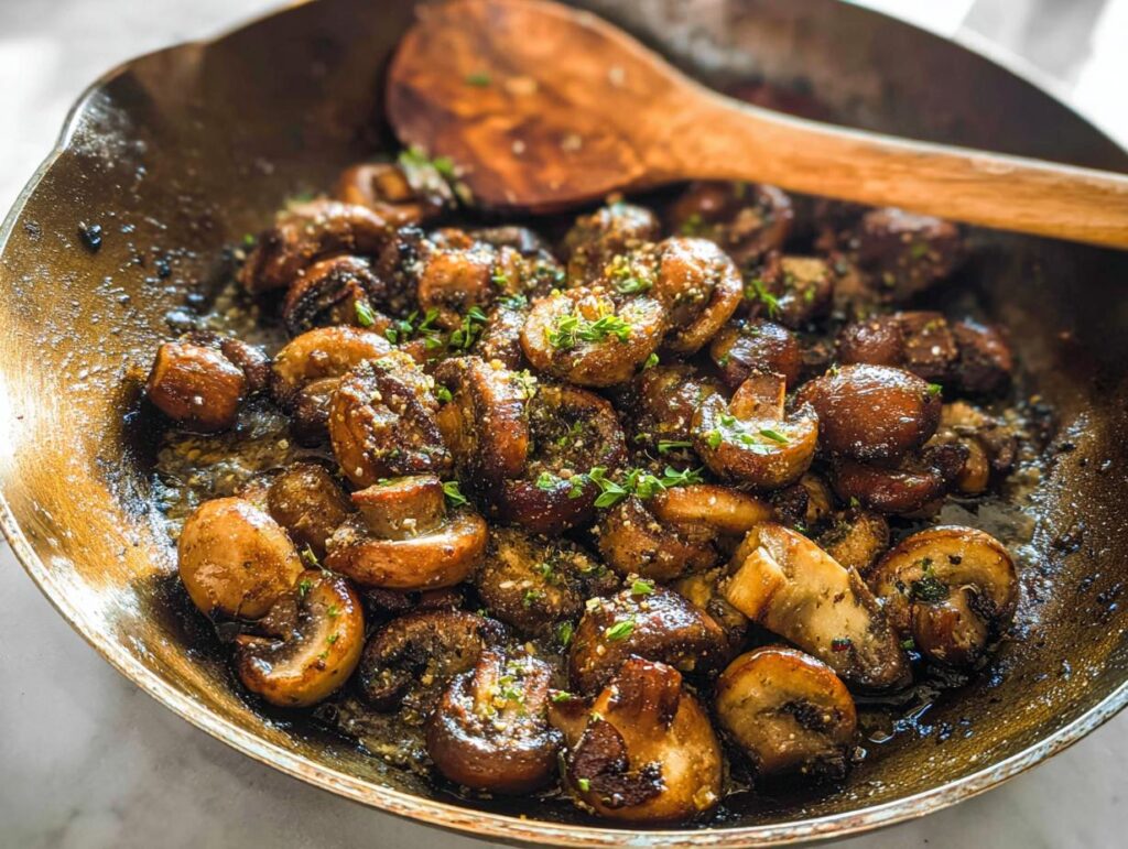 Close-up of sautéed Garlic Butter Mushrooms glistening in a cast iron skillet with herbs.