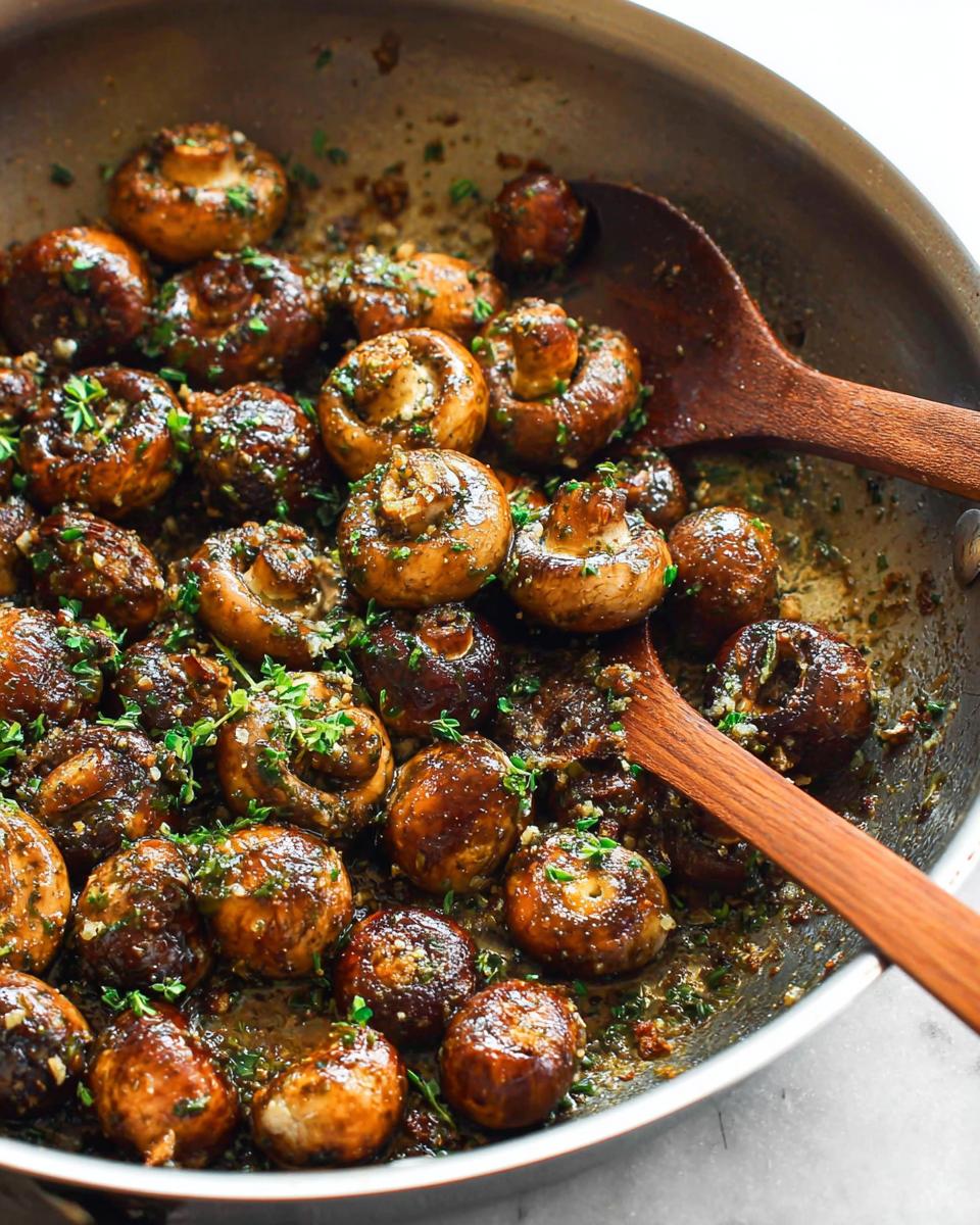 Close-up of whole button mushrooms sizzling in a skillet coated with garlic butter sauce and fresh herbs.