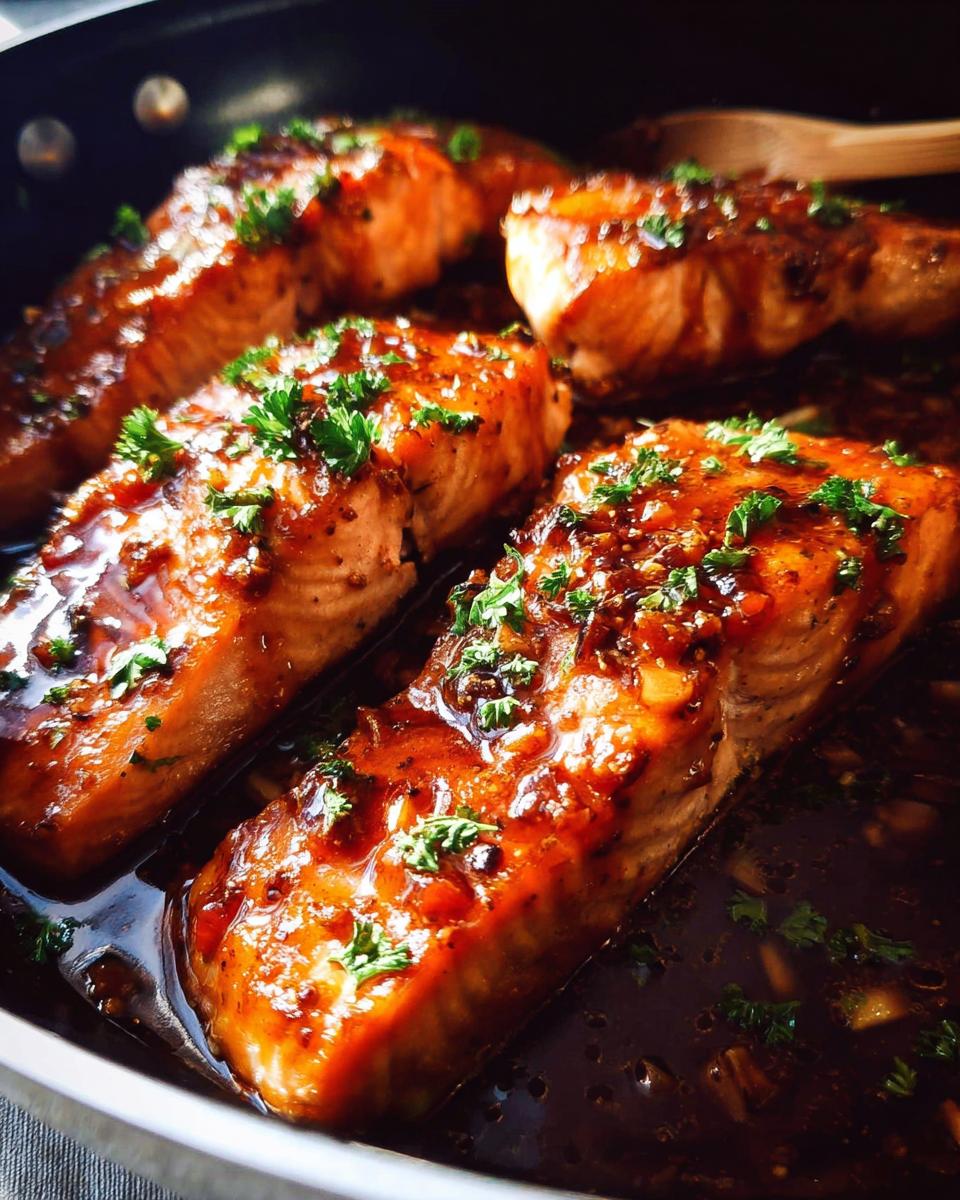 Close-up of four glazed Honey Garlic Salmon fillets cooking in a dark sauce in a skillet, topped with fresh parsley.