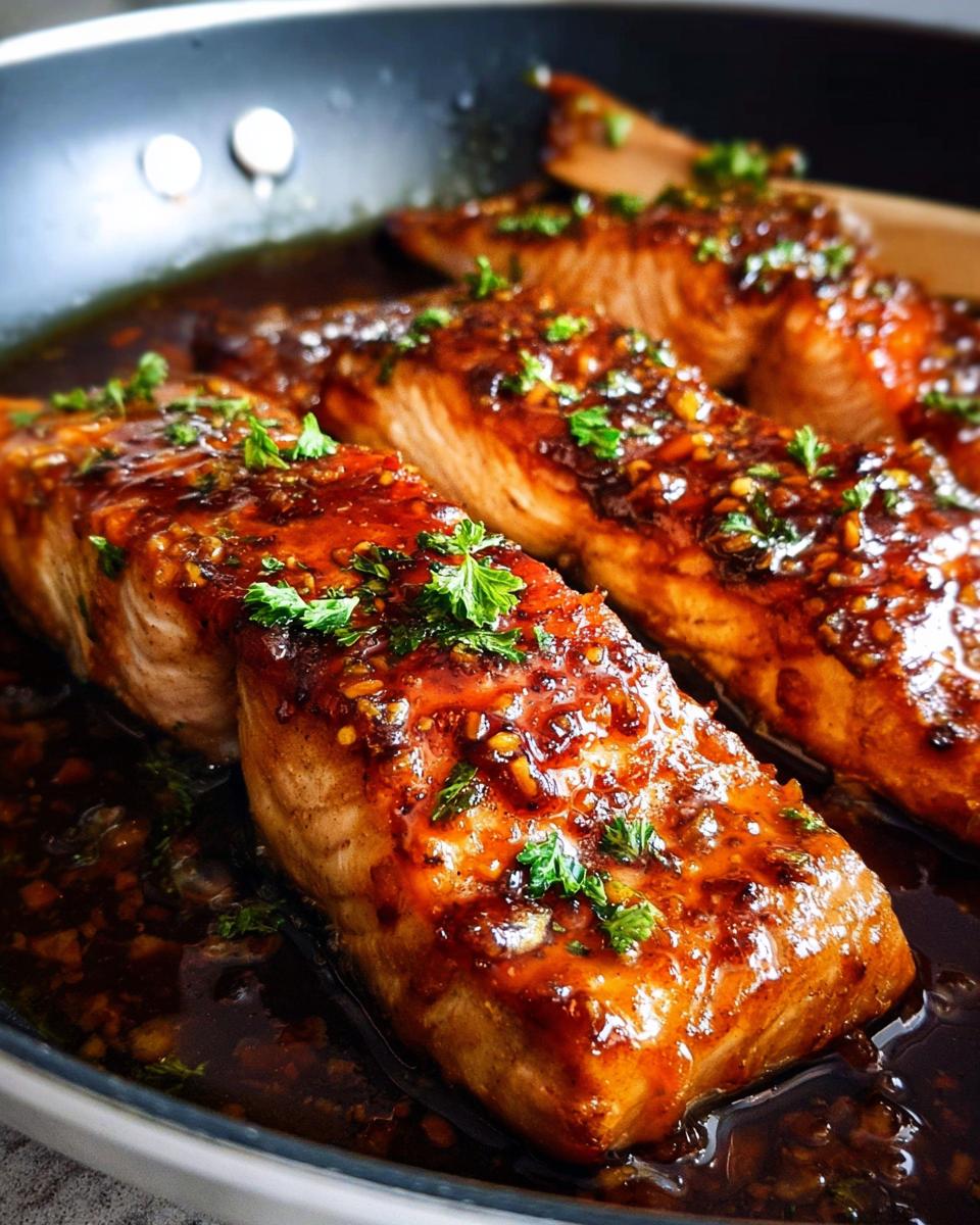 Close-up of perfectly cooked Honey Garlic Salmon fillets glazed with a thick sauce and garnished with parsley in a skillet.