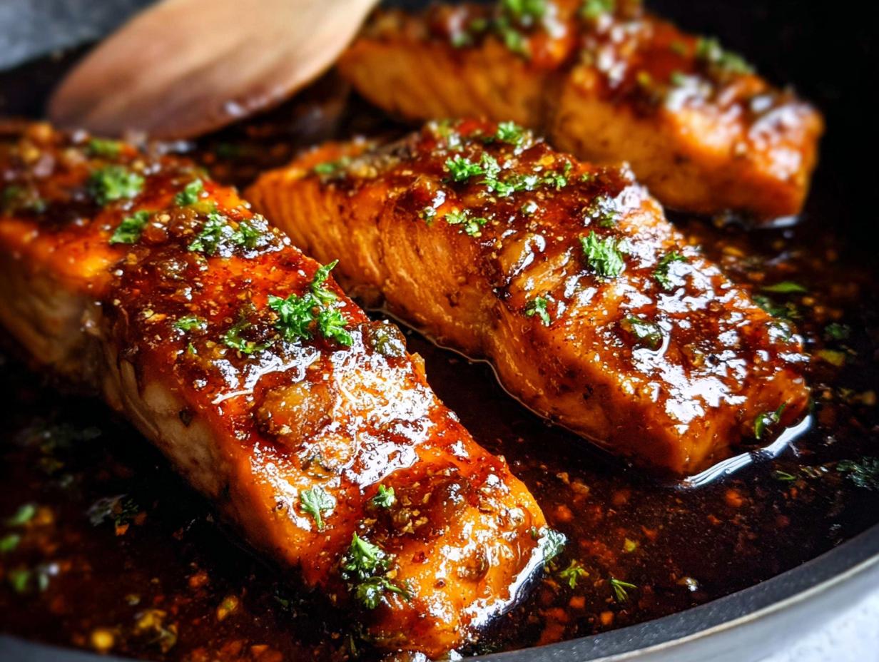 Close-up of three thick salmon fillets coated in a glossy, dark honey garlic glaze, garnished with parsley, cooking in a skillet.