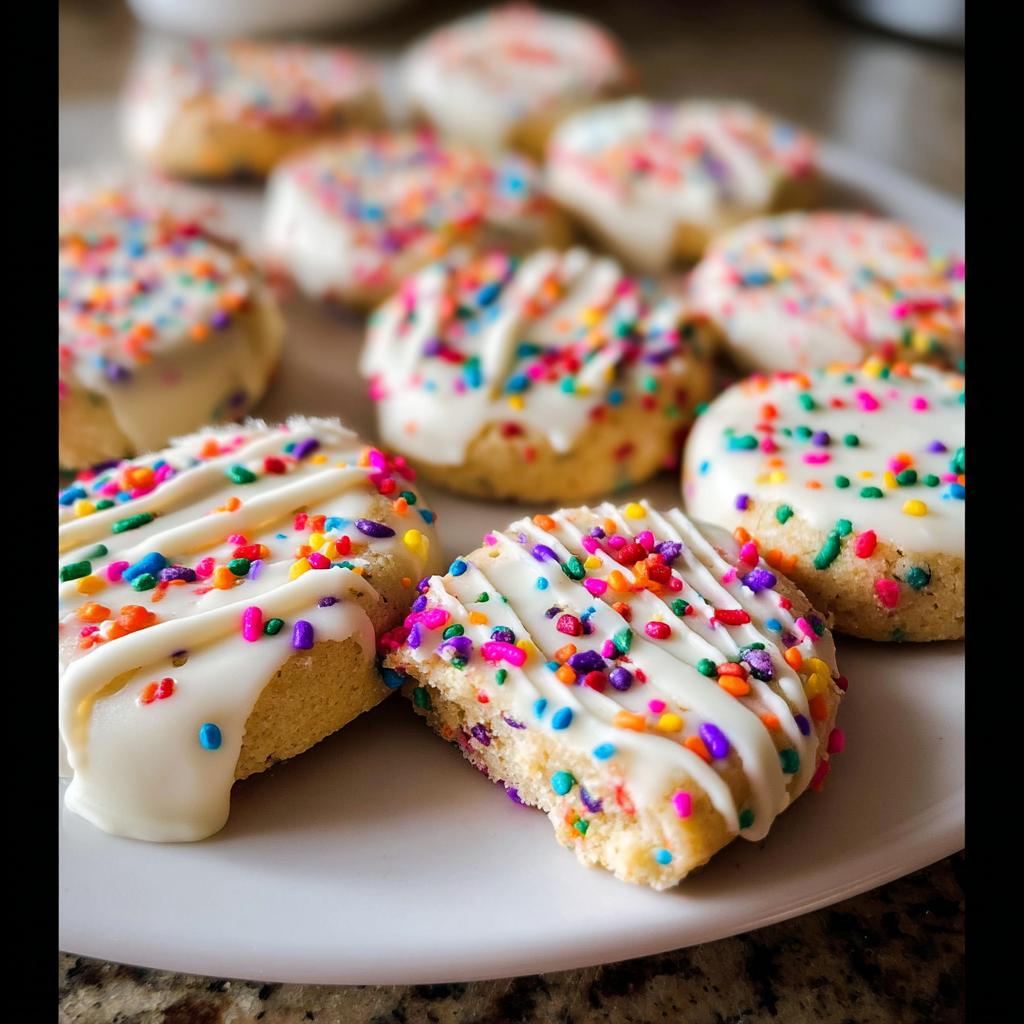 A pile of colorful Slice-and-Bake Party Cookies, many dipped partially in white chocolate coating.