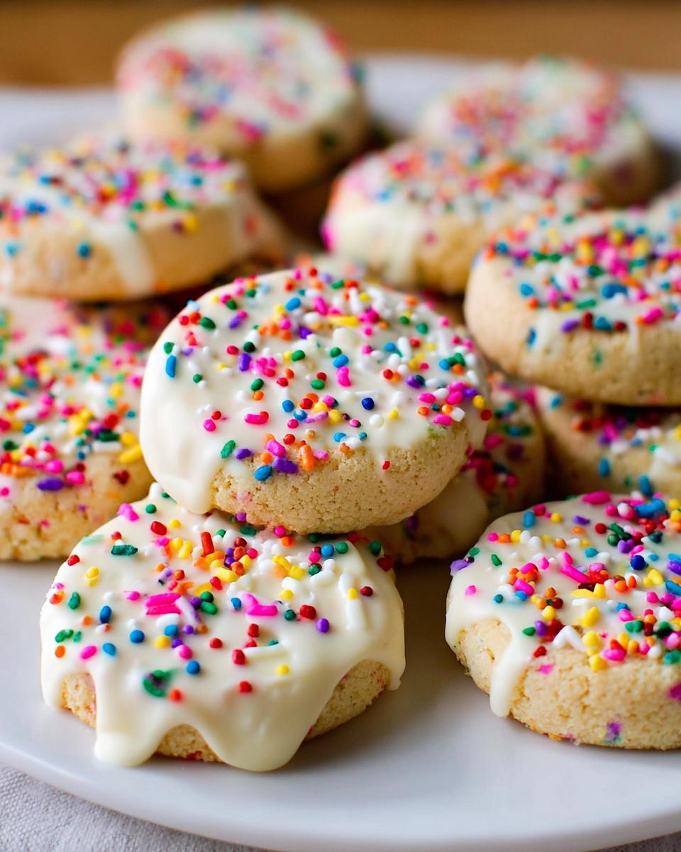 A close-up of several Slice-and-Bake Party Cookies topped with white icing and bright rainbow sprinkles.