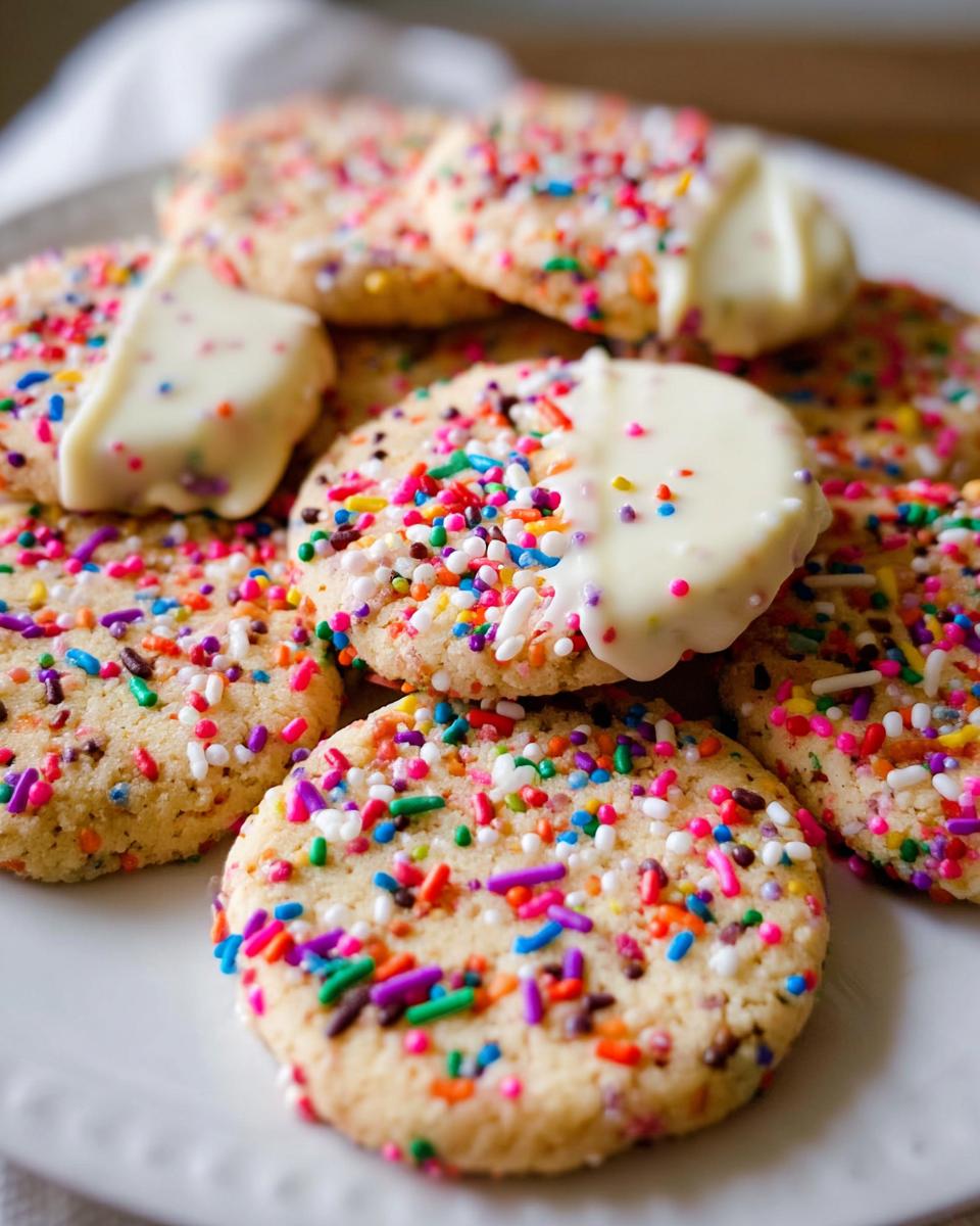 A pile of colorful Slice-and-Bake Party Cookies covered in sprinkles, some dipped in white chocolate.