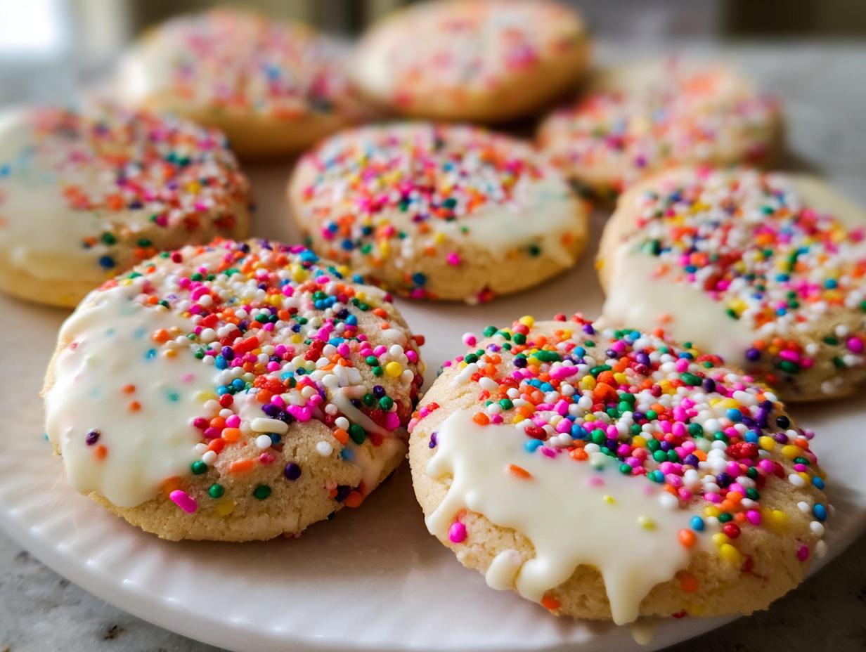 Close-up of several Slice-and-Bake Party Cookies dipped in white icing and covered in colorful rainbow sprinkles.