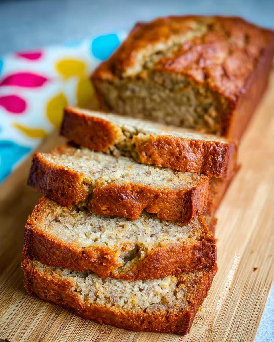 Four thick slices of moist Banana Bread with Sour Cream stacked next to the remaining loaf on a wooden cutting board.