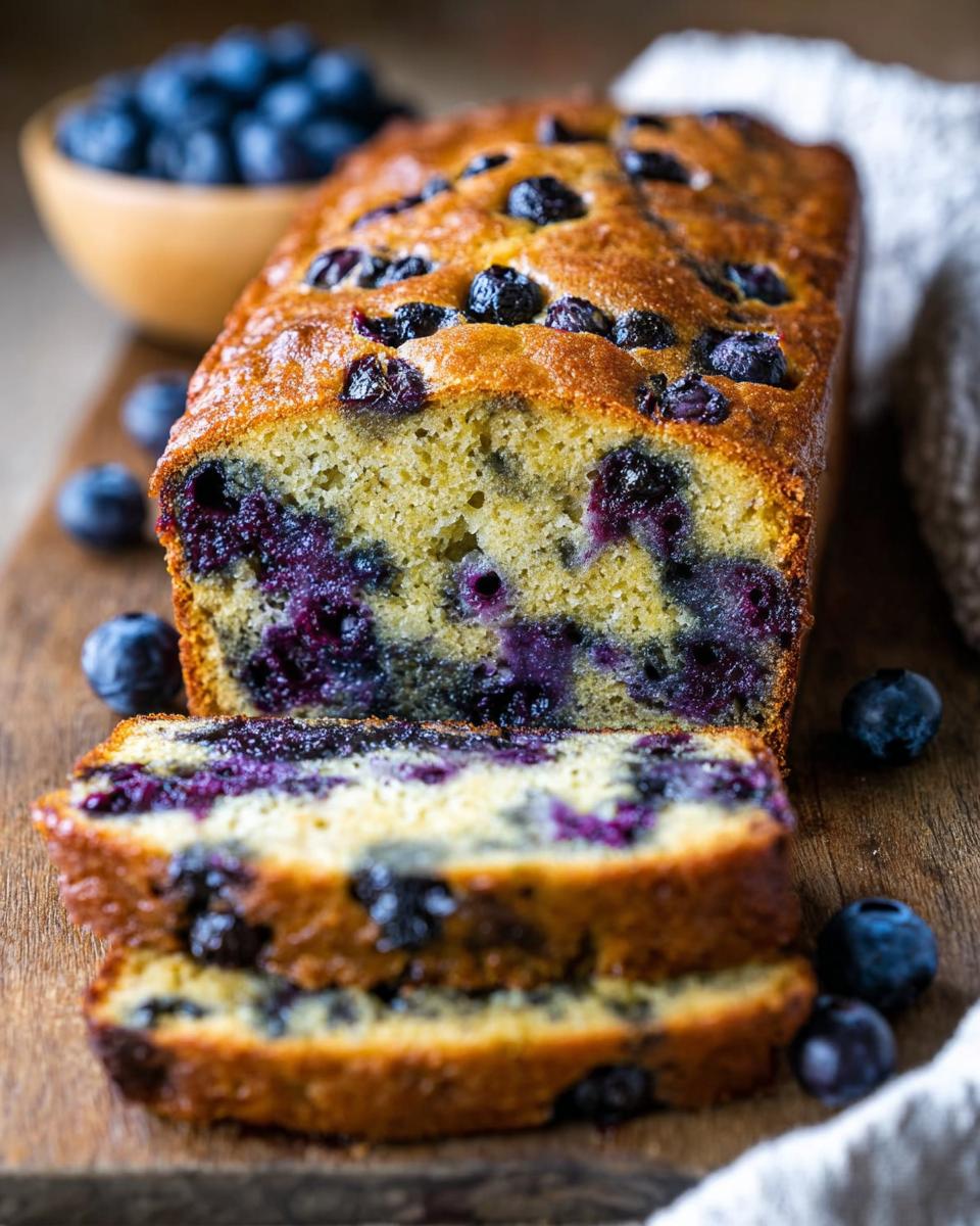 A sliced loaf of moist Blueberry Banana Bread showing visible blueberries nestled in the crumb, served on a wooden board.