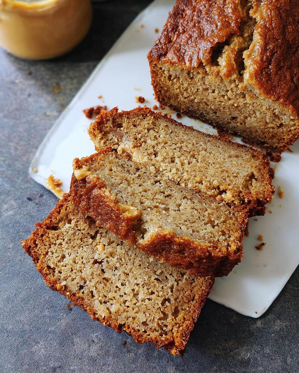 Close-up of moist Peanut Butter Banana Bread, featuring two thick slices revealing the texture and peanut butter swirls.