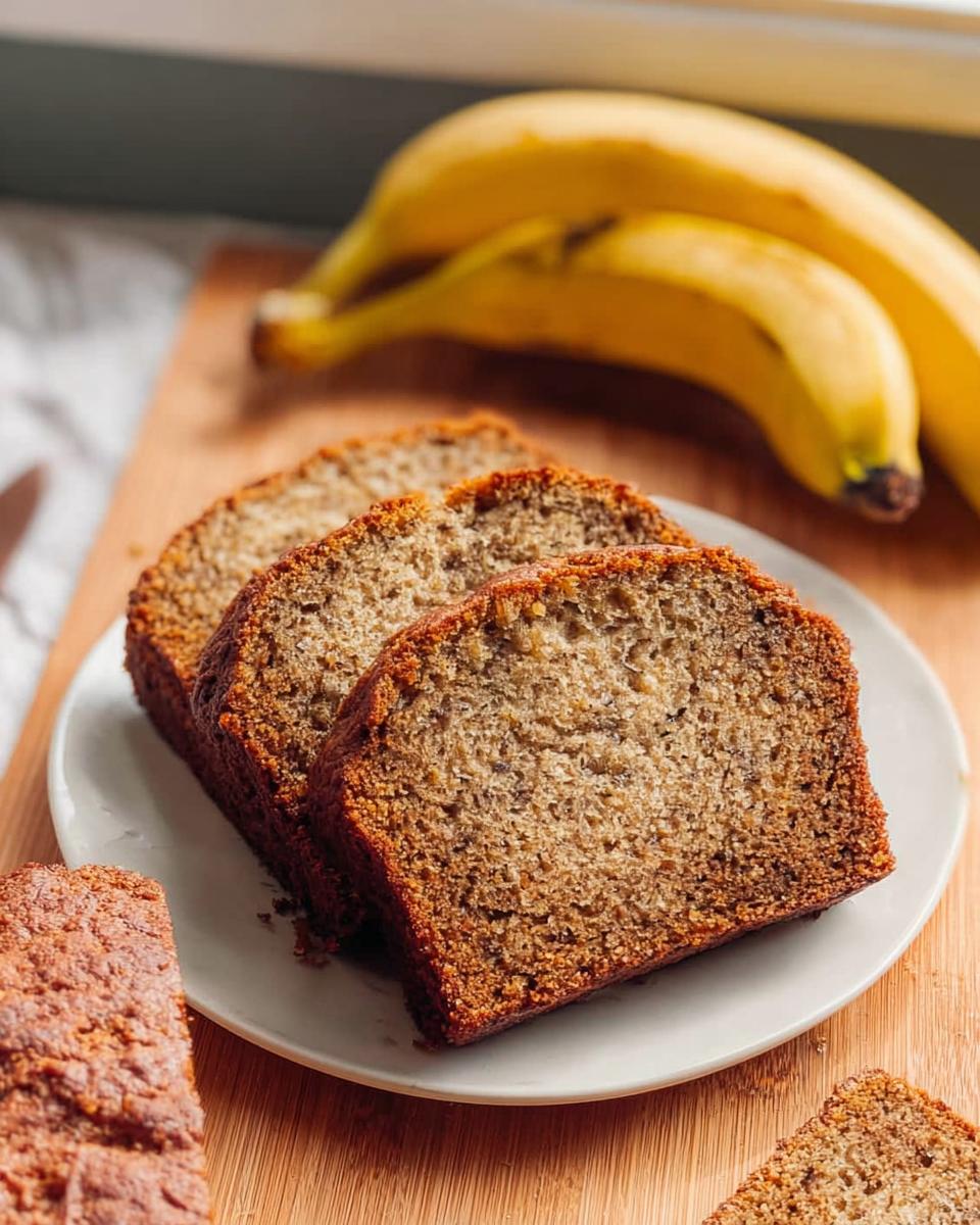 Three thick slices of moist One Bowl Banana Bread served on a white plate with whole bananas in the background.