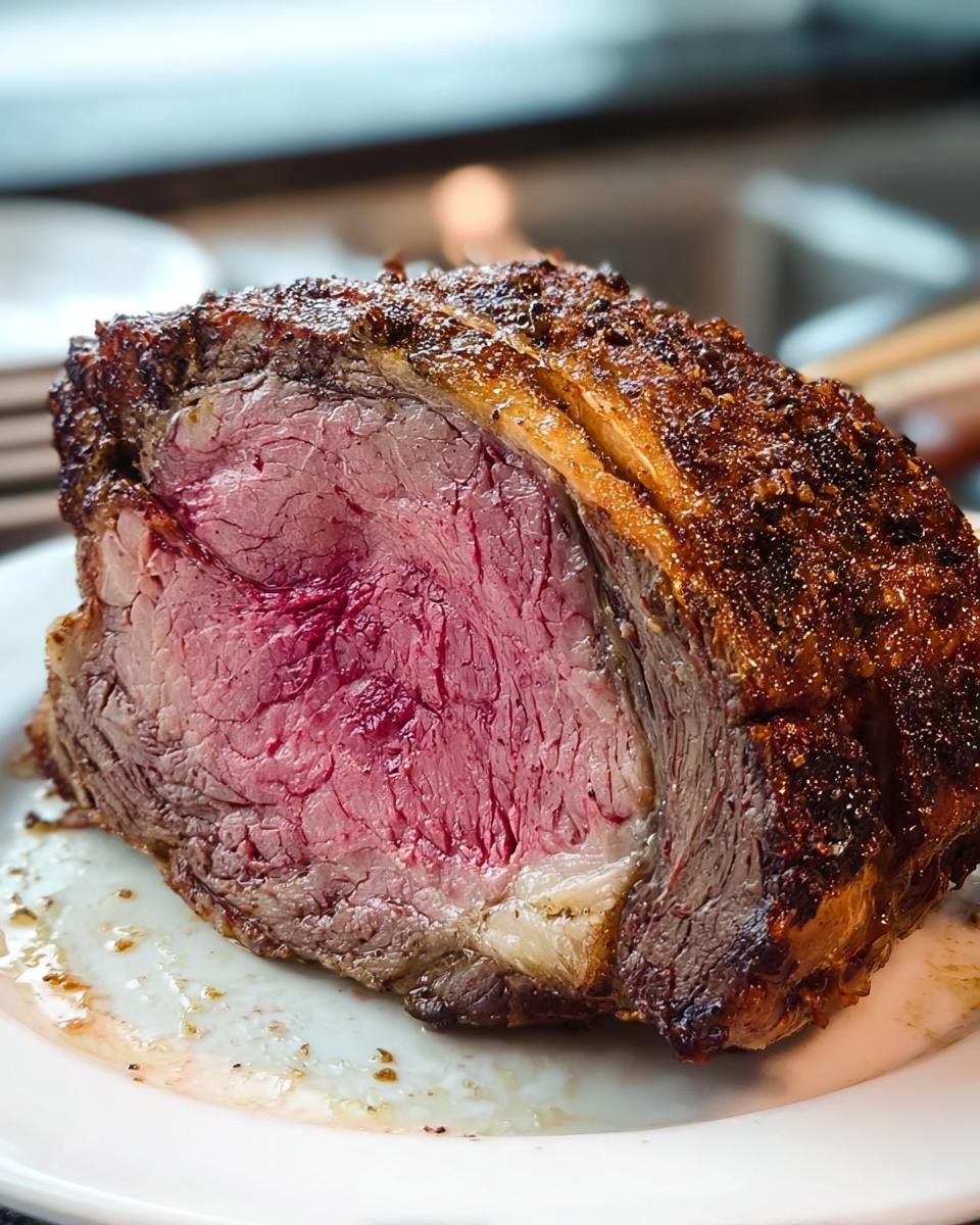 Close-up of a Small Prime Rib Roast (Serves 4–6) showing a perfectly medium-rare pink center and a seasoned, browned crust.