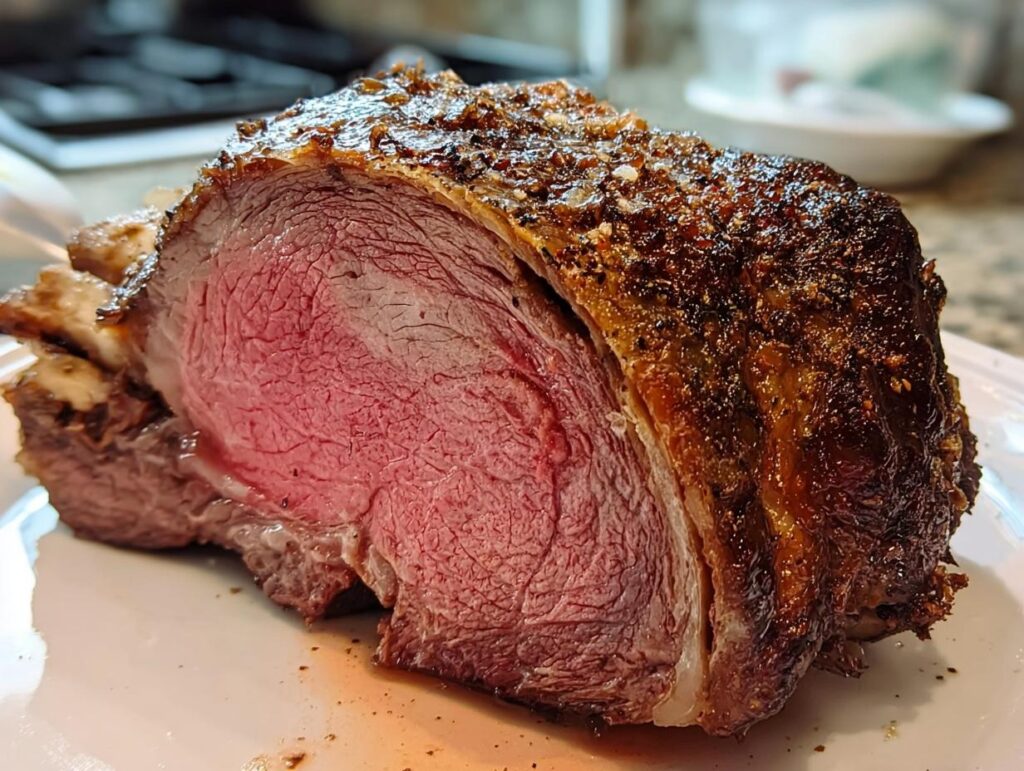 Close-up of a perfectly cooked Small Prime Rib Roast showing a medium-rare pink center and a dark, seasoned crust.