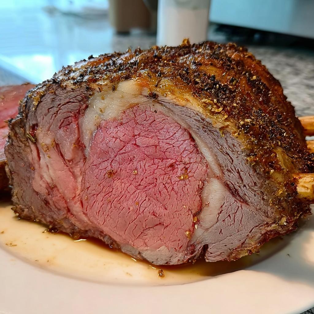 Close-up of a perfectly cooked Small Prime Rib Roast, showing a medium-rare pink center and a dark, seasoned crust.
