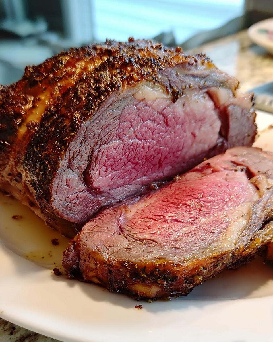 Close-up of a Small Prime Rib Roast sliced, showing a beautifully medium-rare center and seasoned crust.