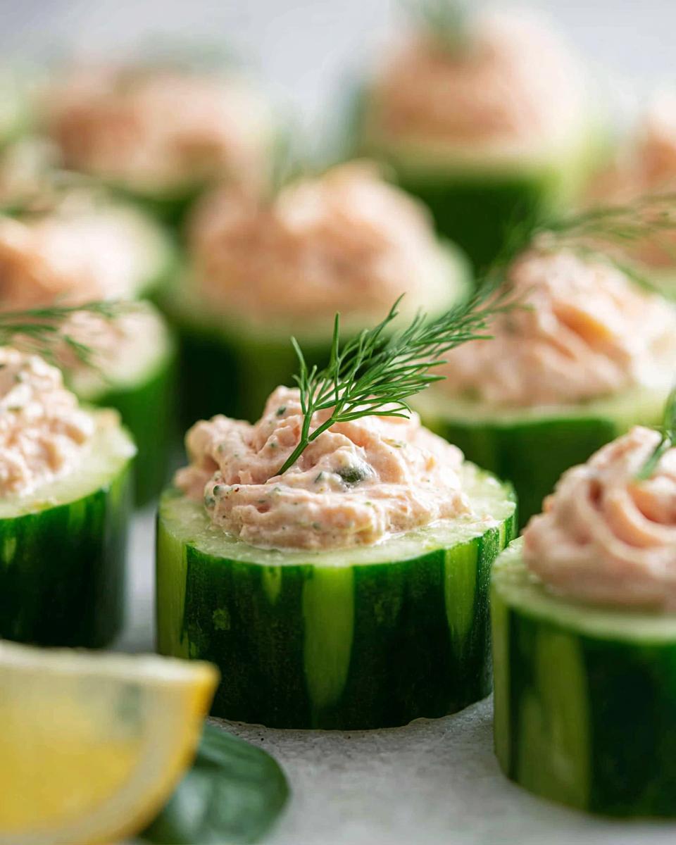 Close-up of fresh Smoked Salmon Cucumber Bites topped with creamy salmon spread and fresh dill sprigs.