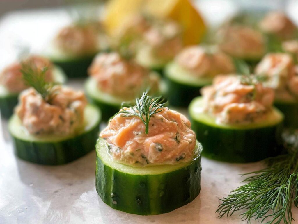 Close-up of freshly made Smoked Salmon Cucumber Bites topped with fresh dill.