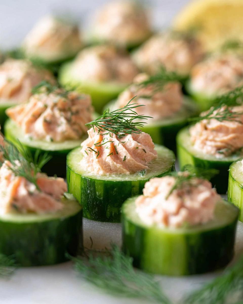Close-up of several Smoked Salmon Cucumber Bites, topped with pink salmon spread and fresh dill sprigs.