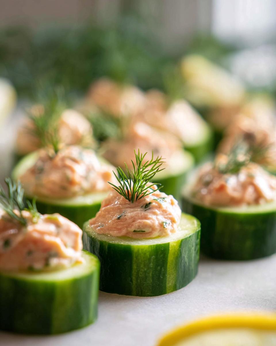 Close-up of fresh Smoked Salmon Cucumber Bites topped with creamy salmon spread and fresh dill sprigs.