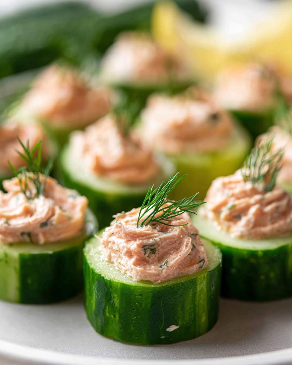 Close-up of Smoked Salmon Cucumber Bites topped with creamy salmon spread and fresh dill garnish.