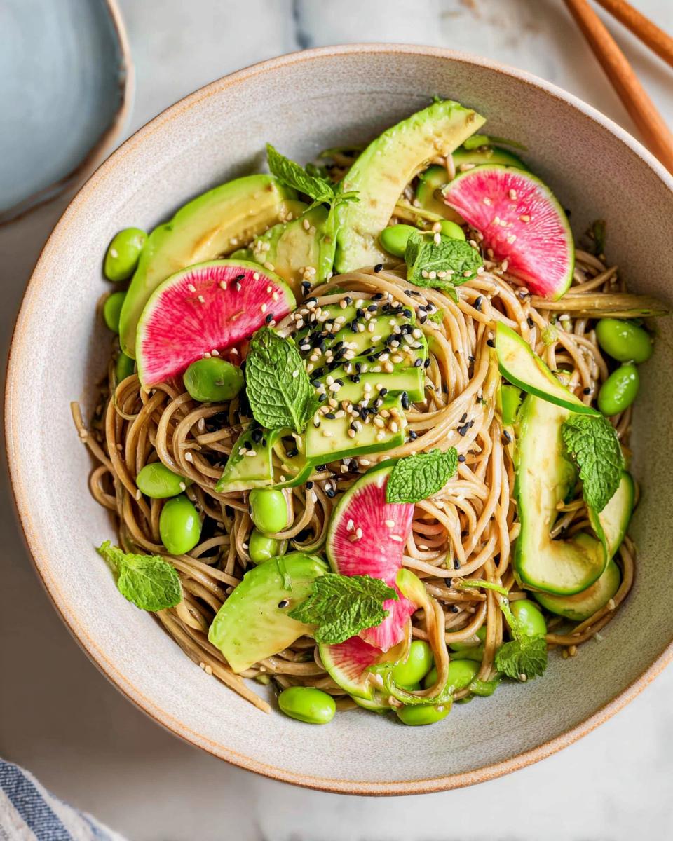 A vibrant bowl of soba noodle salad with avocado, edamame, watermelon radish, and mint, perfect for a quick dinner.
