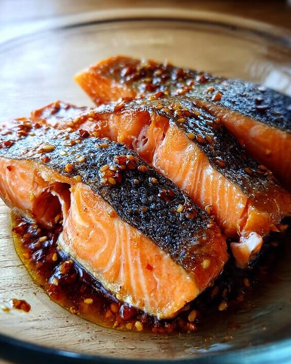 Three pieces of cooked Soy Ginger Salmon (Broil or Bake) glistening with a dark glaze and sesame seeds.