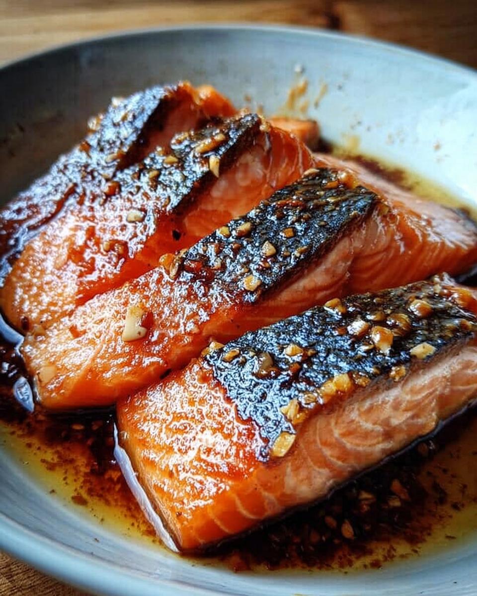 Close-up of three glazed Soy Ginger Salmon fillets sitting in sauce, topped with minced garlic or nuts.