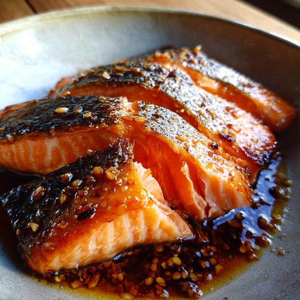 Close-up of flaky, bright orange Soy Ginger Salmon fillets covered in a dark, glistening sauce with visible sesame seeds.