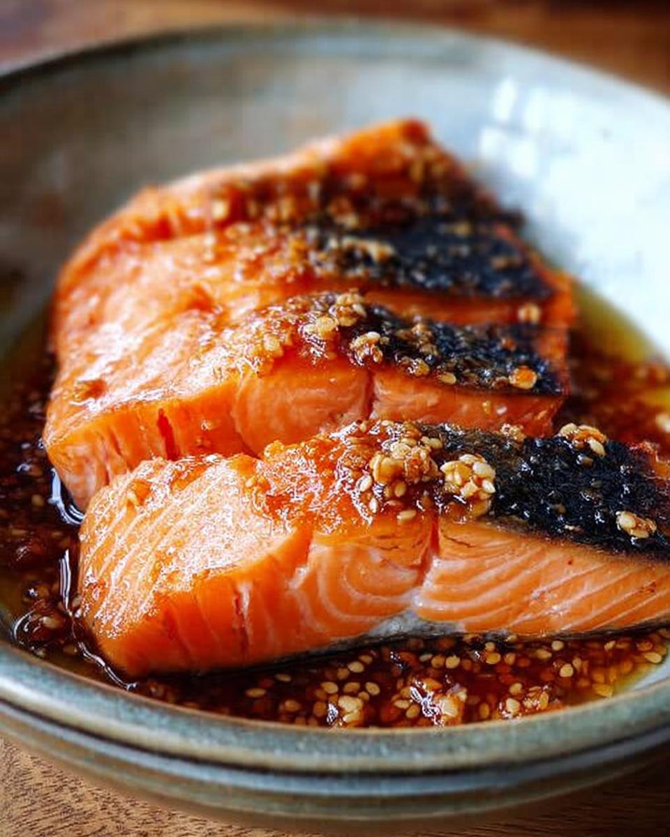 Close-up of cooked Soy Ginger Salmon fillets coated in a thick, sesame-flecked glaze, sitting in a shallow bowl.