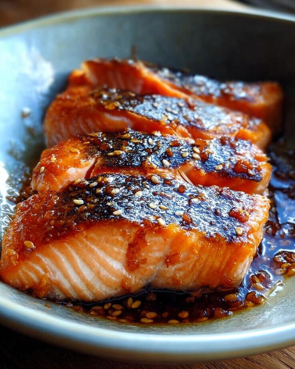 Three perfectly cooked pieces of Soy Ginger Salmon coated in a thick, sesame-flecked glaze, sitting in a shallow bowl.
