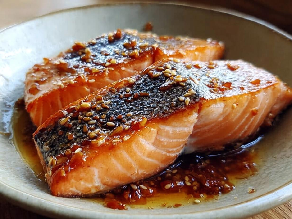 Two perfectly cooked fillets of Soy Ginger Salmon, glazed and topped with toasted sesame seeds, resting in sauce.