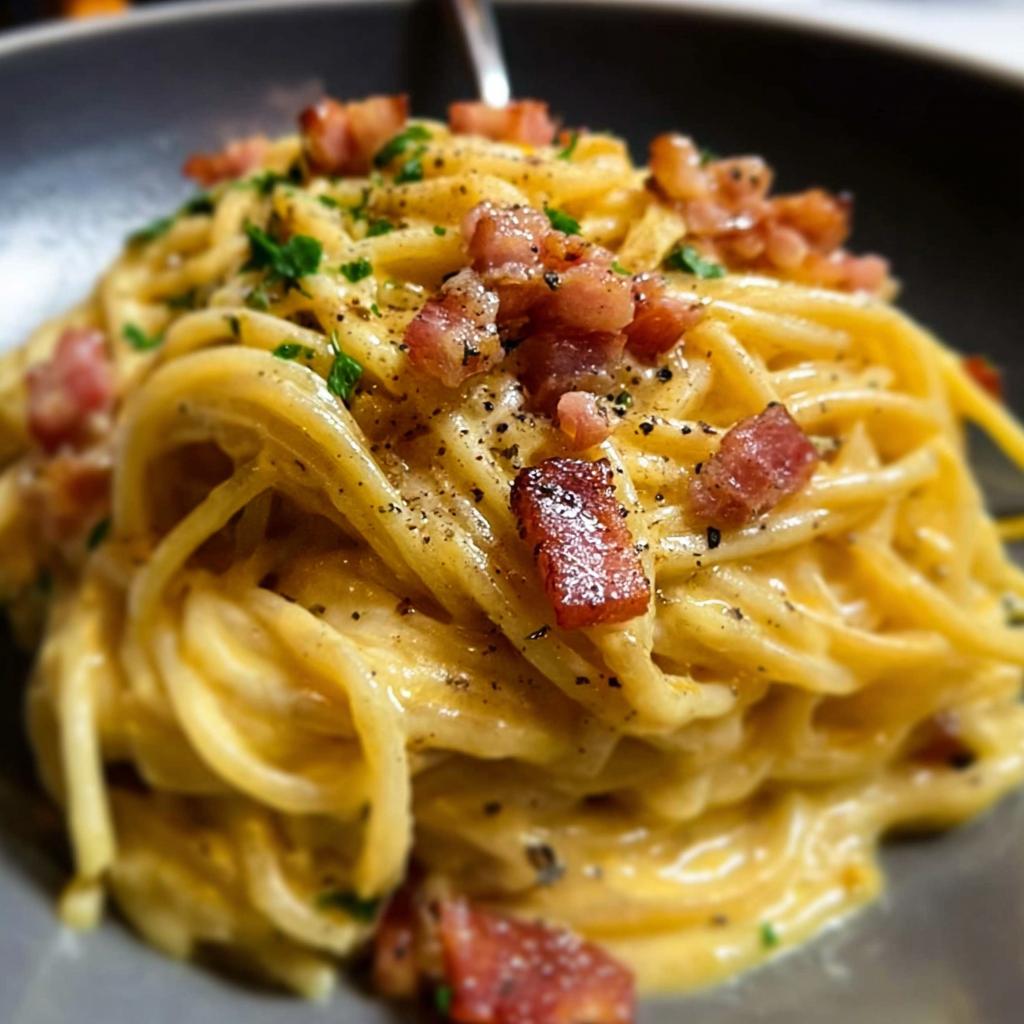 Close-up of spaghetti carbonara with crispy bacon bits and black pepper, a perfect example of best dinner recipes 2025.